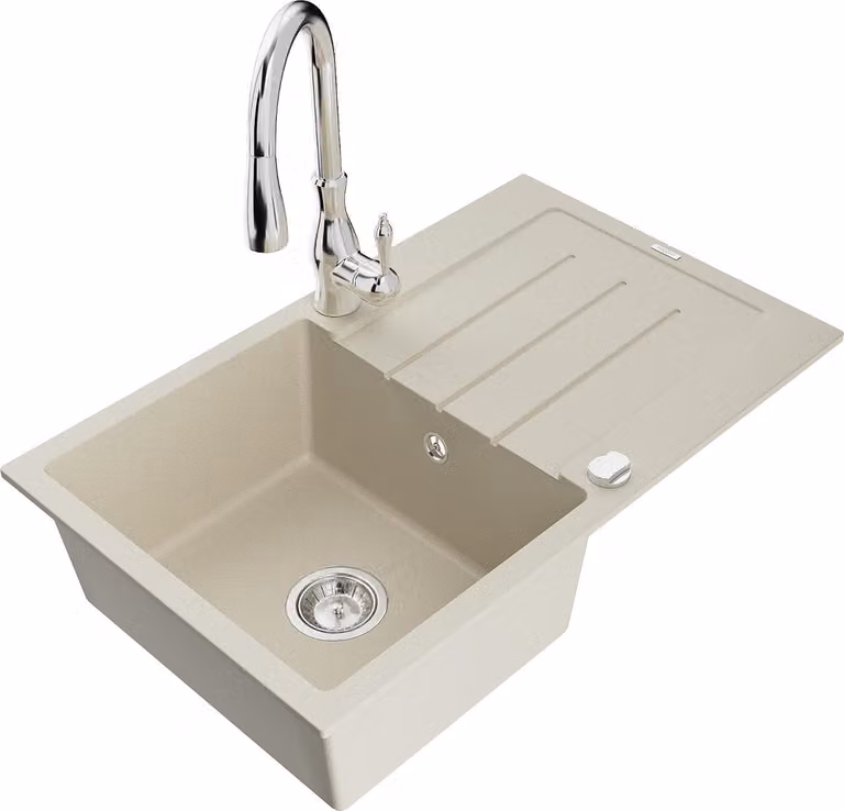 Mexen Bruno lavello in granito 1-vasca con sgocciolatoio e miscelatore da cucina Savita, beige - 6513-69-672601-00