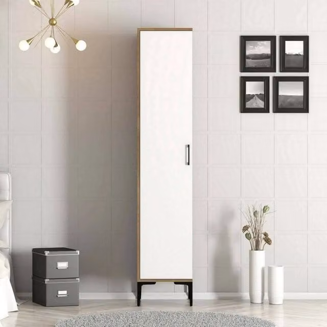 Armadio multiuso Giusta DMORA con anta a battente, mobiletto scarpiera moderno Bianco e Noce, L/P/H: 40 x 47,5 x 201,4 cm – 1