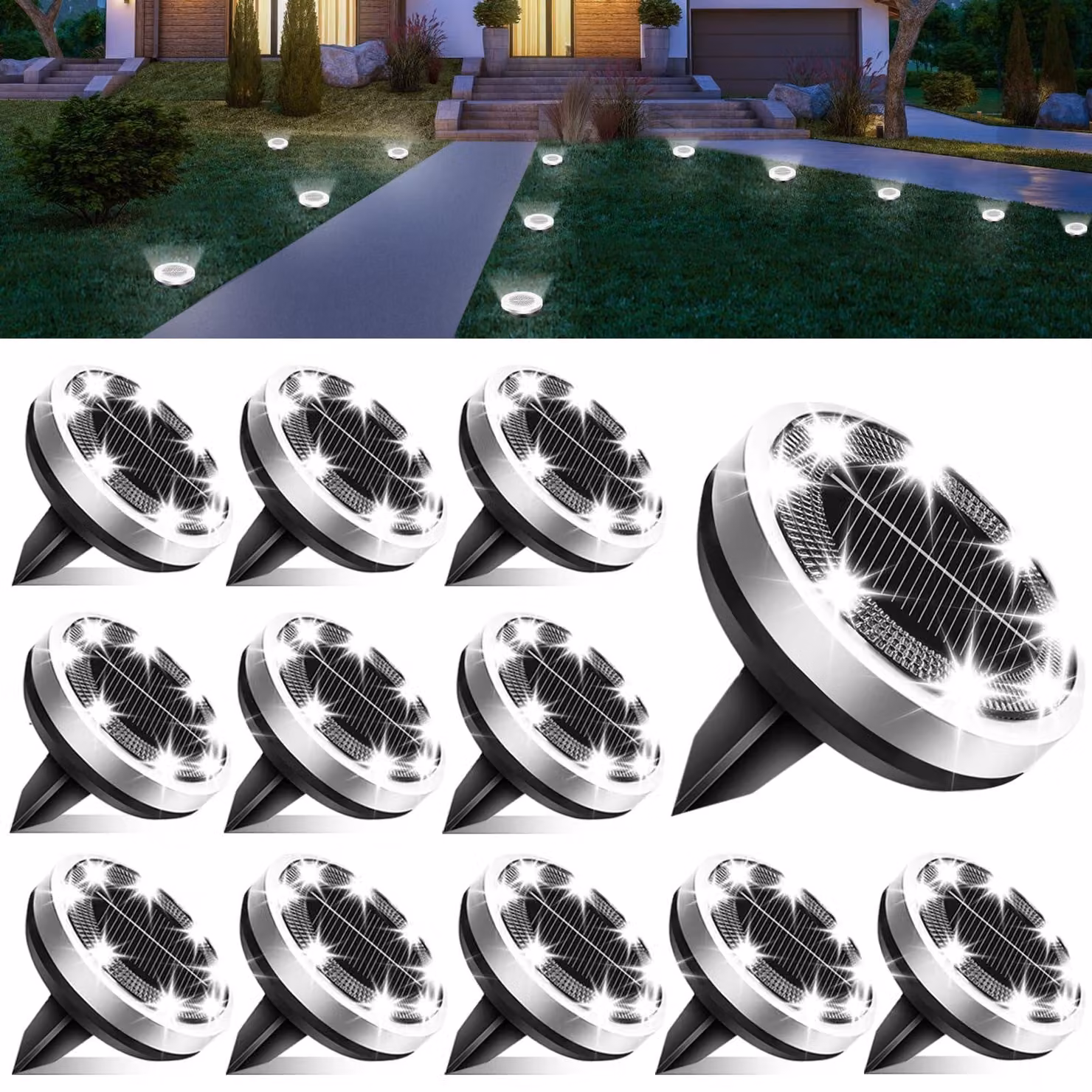 12 luci da giardino a LED solari, grado di protezione IP65, 8 LED, luce bianca fredda, per uso esterno