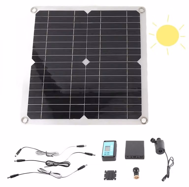 Kit pompa solare: pannello da 50W, pompa da 22W, timer, alimentazione DC 12V