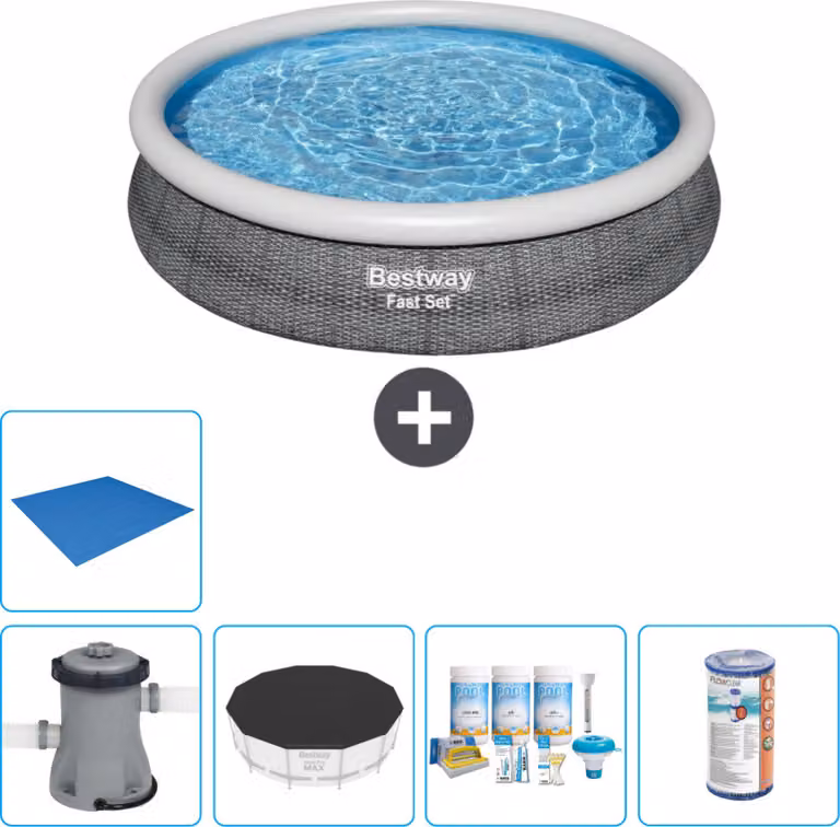 Piscina gonfiabile rotonda Bestway a presa rapida - stampa rattan - 366 x 76 cm - inclusa copertura della pompa - pacchetto manutenzione - filtro - telo di protezione