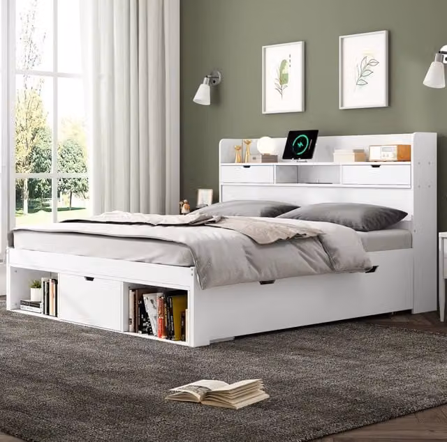 Letto matrimoniale 160x200 cm bianco in legno di pino, USB e cassetti