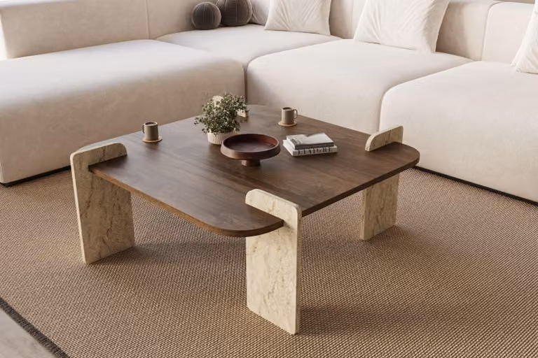 Skye Decor, tavolino di alta qualità, noce e travertino, 90 x 35 x 90 cm | Pannello truciolare rivestito al 100% in melamina, portata: 35 kg | Design moderno, ideale per ogni soggiorno.