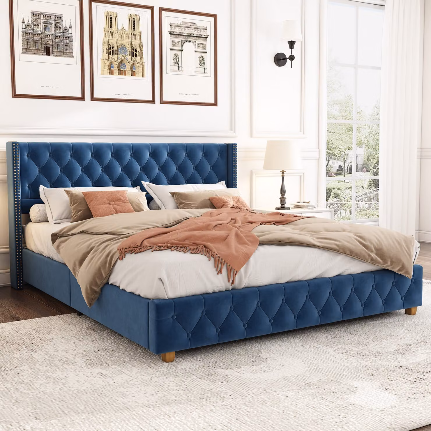 STILVORA Letto imbottito 160×200 cm Letto per ragazzi con struttura a bottoni e testiera, imbottitura in schiuma, velluto, senza materasso, blu