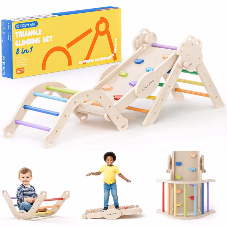 COSYLAND, struttura per arrampicata in legno Montessori 8-in-1, adatta a bambini dai 18 mesi in su – triangolo per arrampicata con