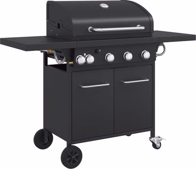 Barbecue a gas con 5 bruciatori, struttura in acciaio verniciato a polvere di colore nero