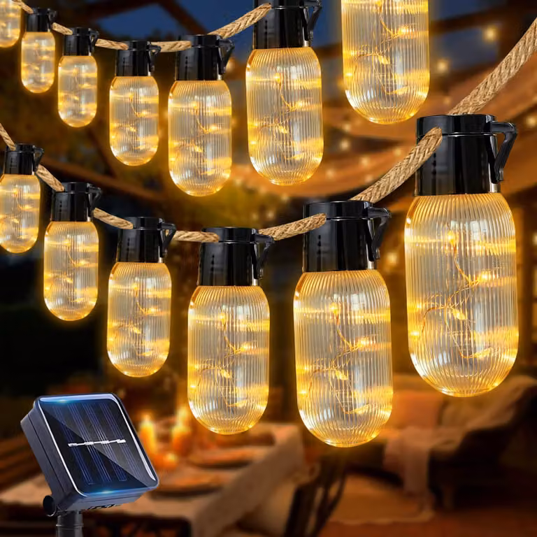 Catena luminosa solare con 15 LED, 8 modalità, cavo in canapa, grado di protezione IP65, lunghezza 9,8 metri