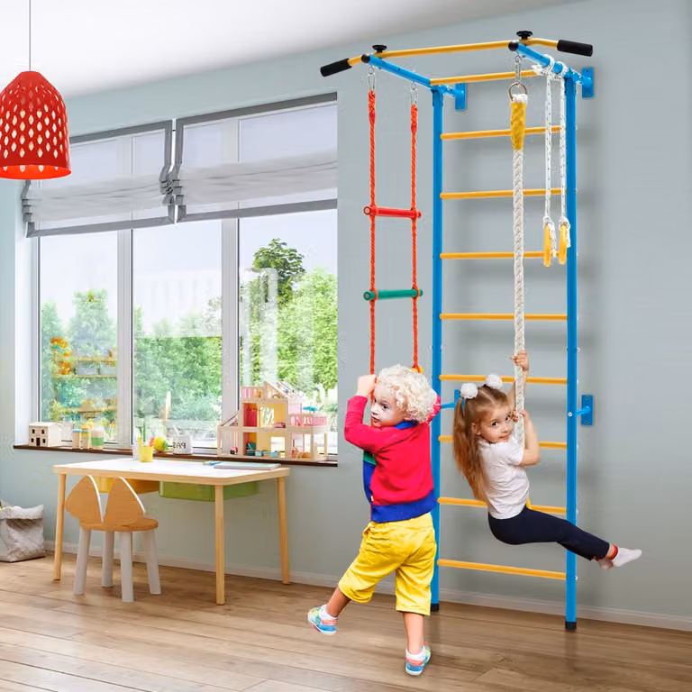 Set di sbarre da parete in acciaio per bambini Costway con scala a corda e anelli da ginnastica, Giallo
