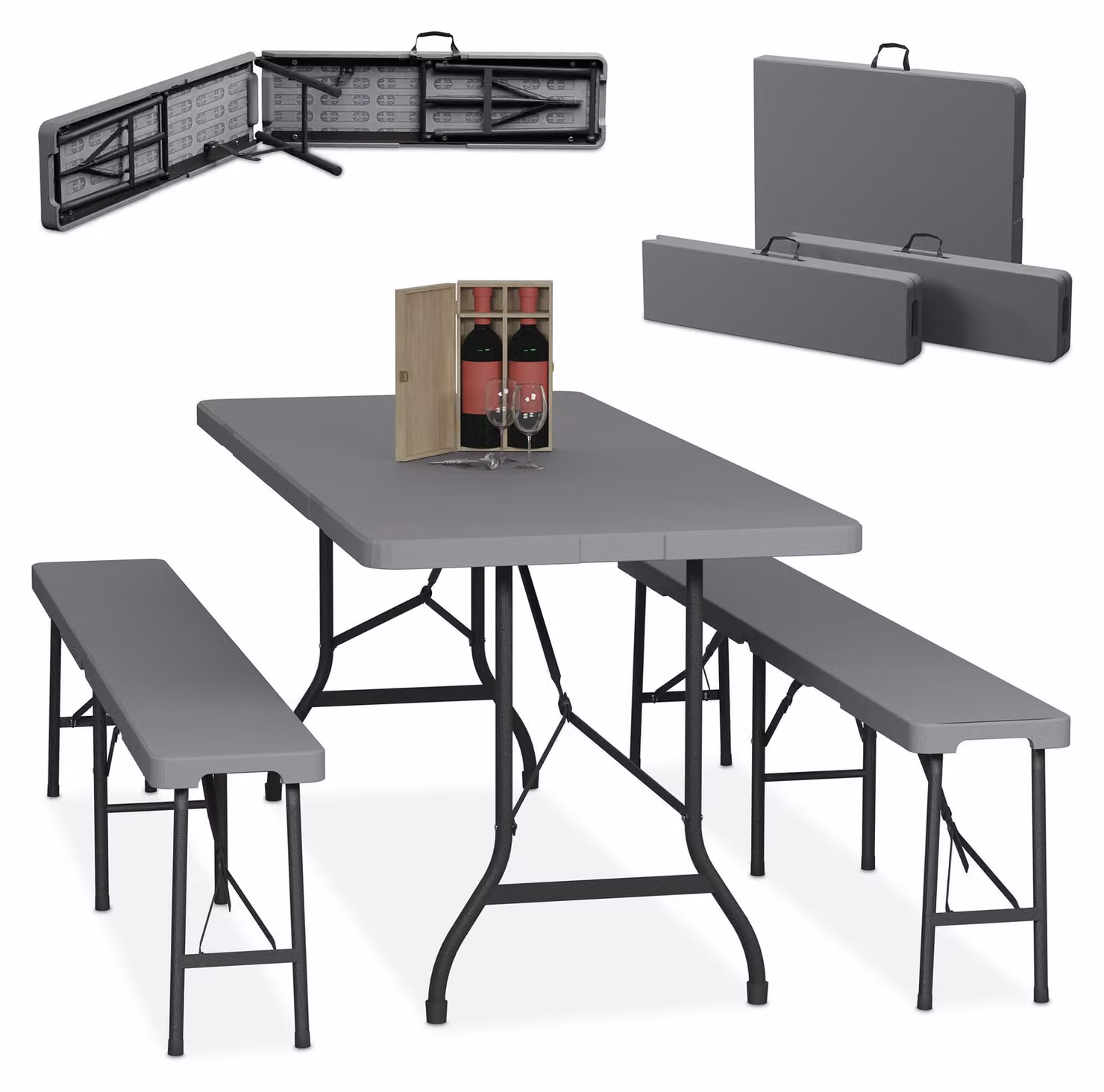 Set da giardino pieghevole Relaxdays, set da 3 pezzi con panca da birreria e tavolo grande, per giardino, set da tendone, 180 cm, grigio