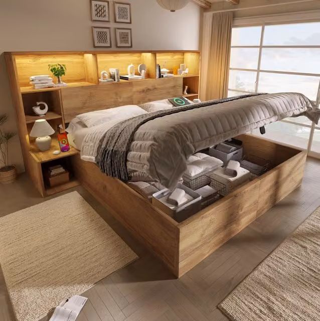 Letto matrimoniale contenitore ULEVR 160x200 cm con comodini integrati, LED, USB-A e USB-C, finitura rovere