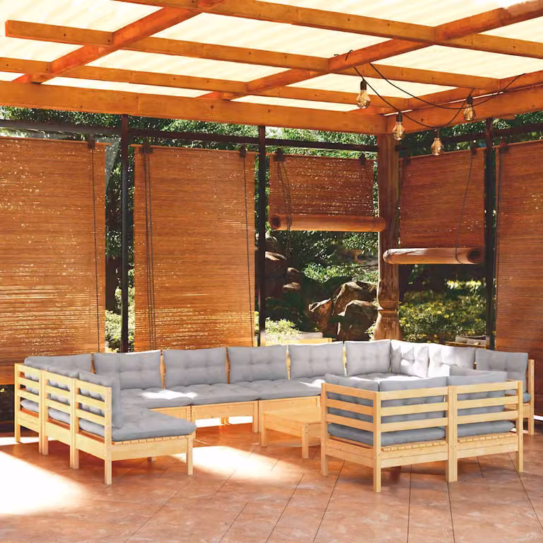 Set di divani da giardino vidaXL in legno massello di pino con cuscini grigi, design moderno a L con elementi angolari e pouf, 13 pezzi