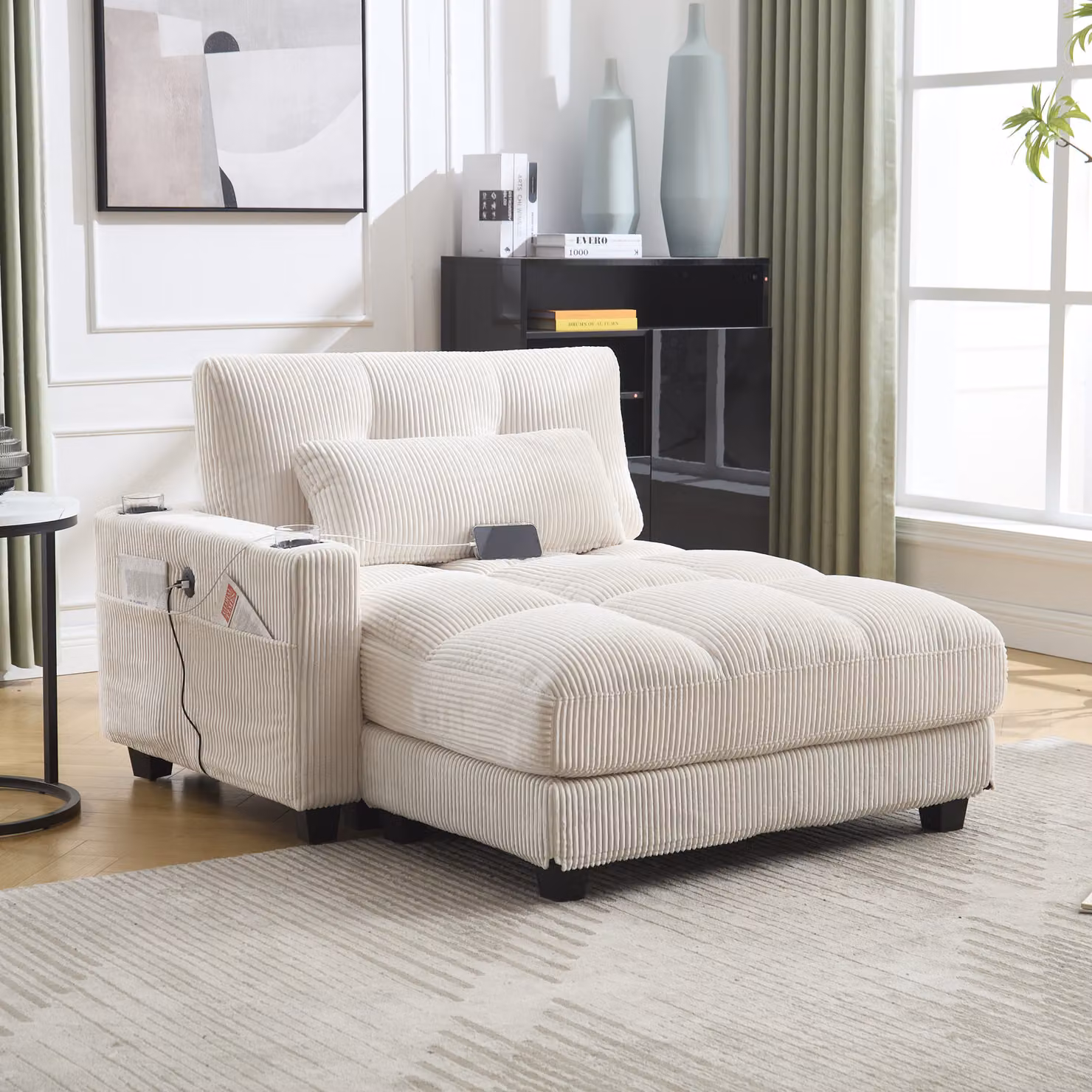 Divano angolare, divano relax, divano lounge con portabicchieri e connessione USB, poltrona a forma di palma con cuscini removibili, con poggiatesta, color beige