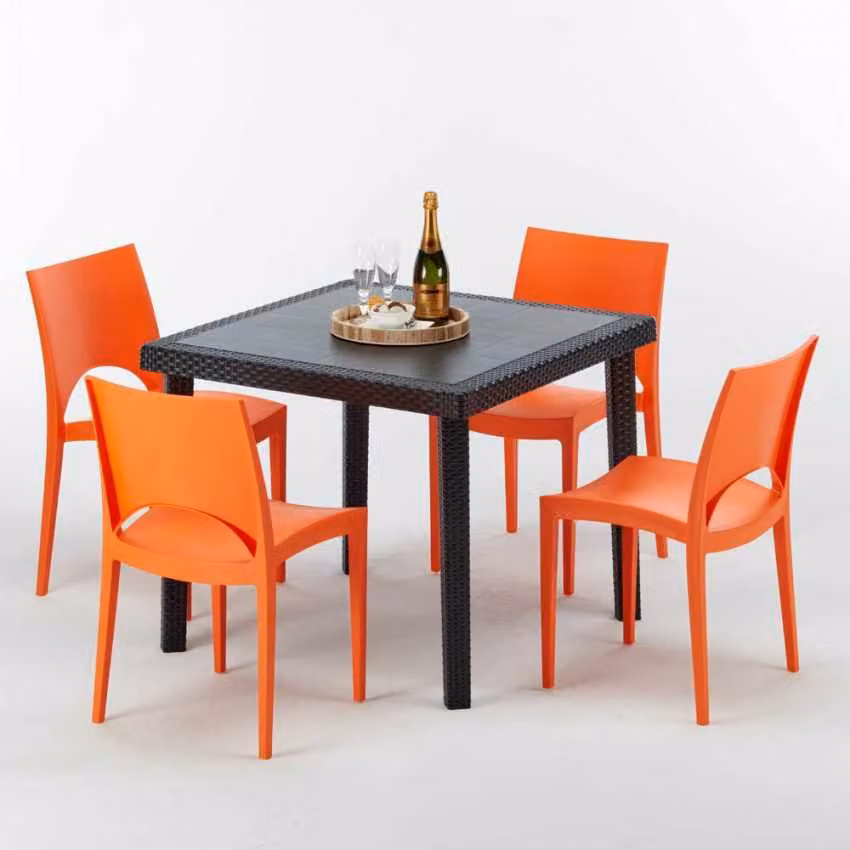Tavolo quadrato nero e 4 sedie in polipropilene colorato per esterni Grand Soleil Paris Passion - Arancione
