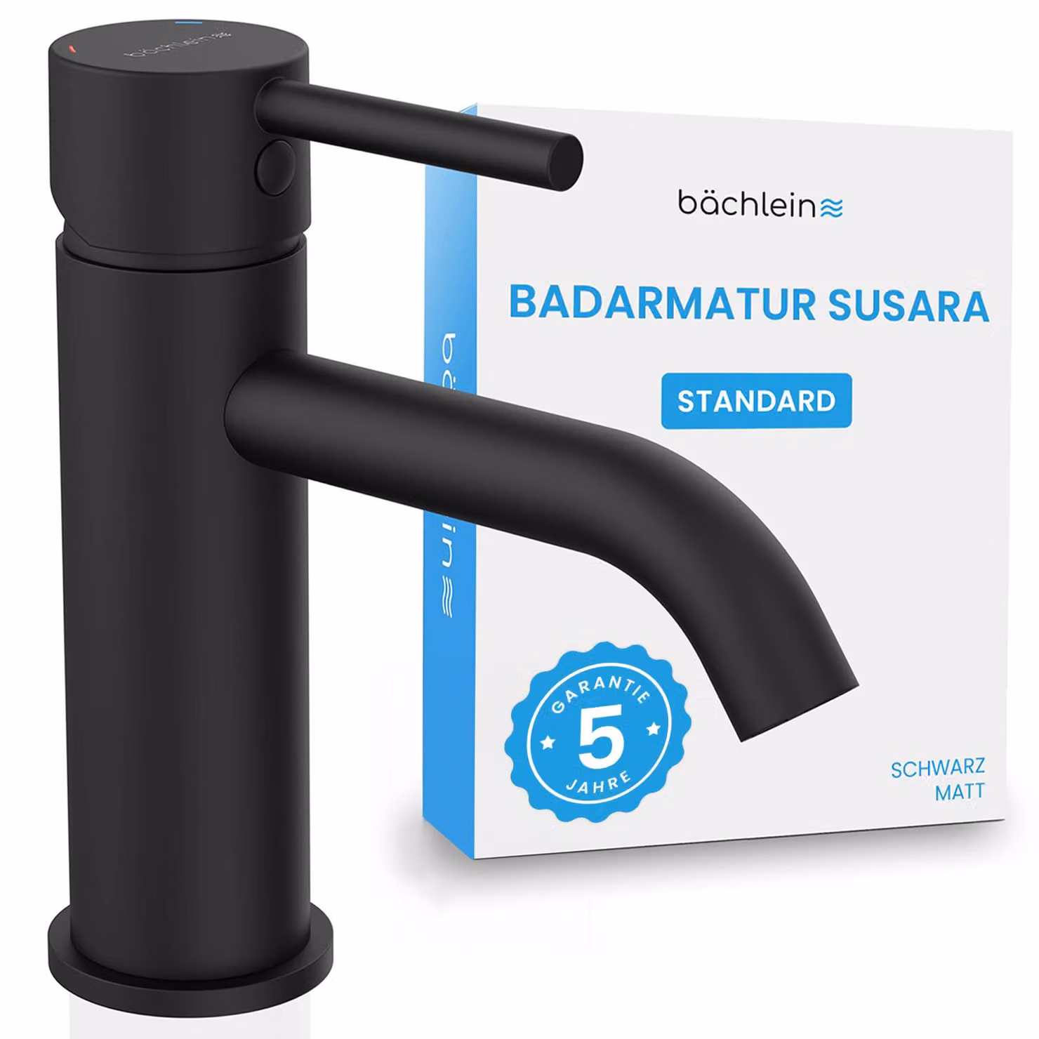 Miscelatore da bagno Bächlein Susara con bocca curva, miscelatore monocomando di design con cartuccia in Vetroceramica resistente e set di installazione, rubinetto da bagno nero opaco