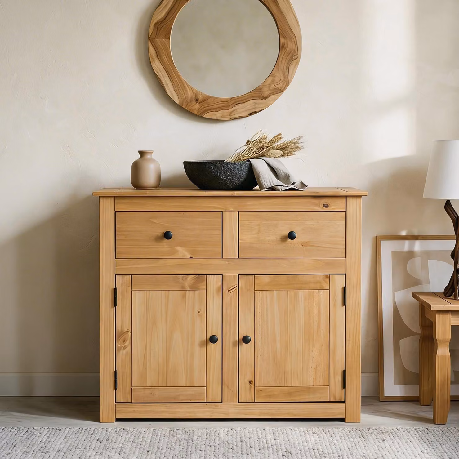 Cassettiera in stile country CANCUN in pino massiccio, credenza moderna con 2 cassetti e ante, credenza con superficie cerata tinta