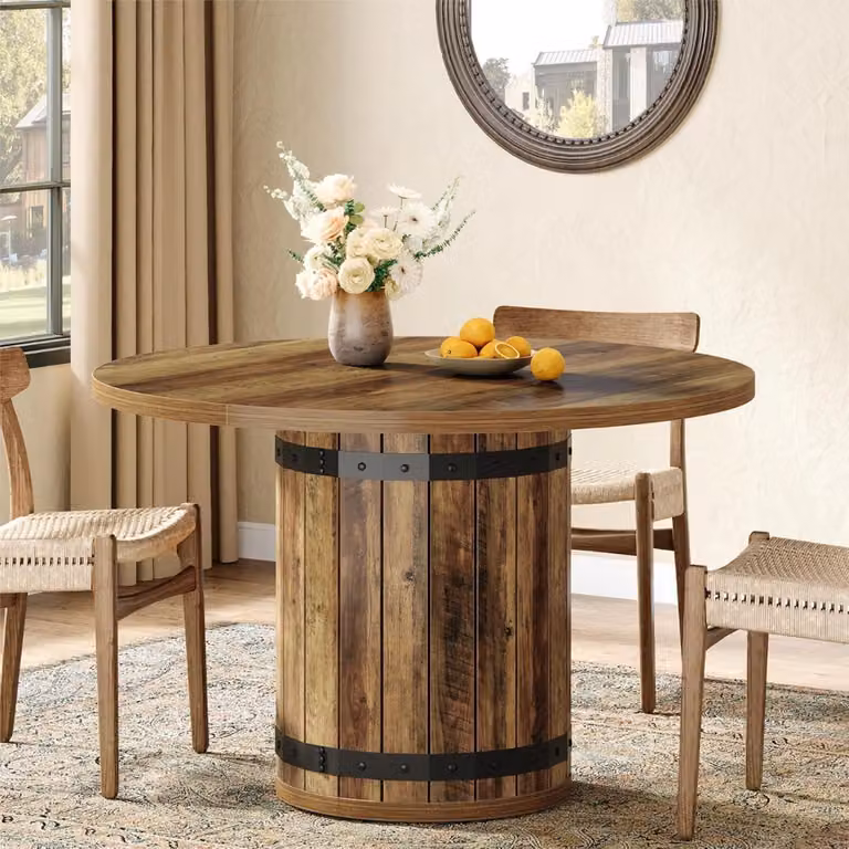 Tavolo da pranzo rotondo Tribesigns Farmhouse, tavolo da pranzo per 4 persone da 100 cm, tavolo da cucina con piano diviso e base a recinzione, tavolo da pranzo, rustico marrone