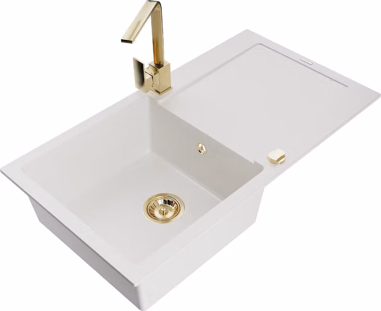 Mexen Leo lavello in granito a 1 vasca con scolapiatti e miscelatore cucina Rita, bianco - 6501-20-670300-50