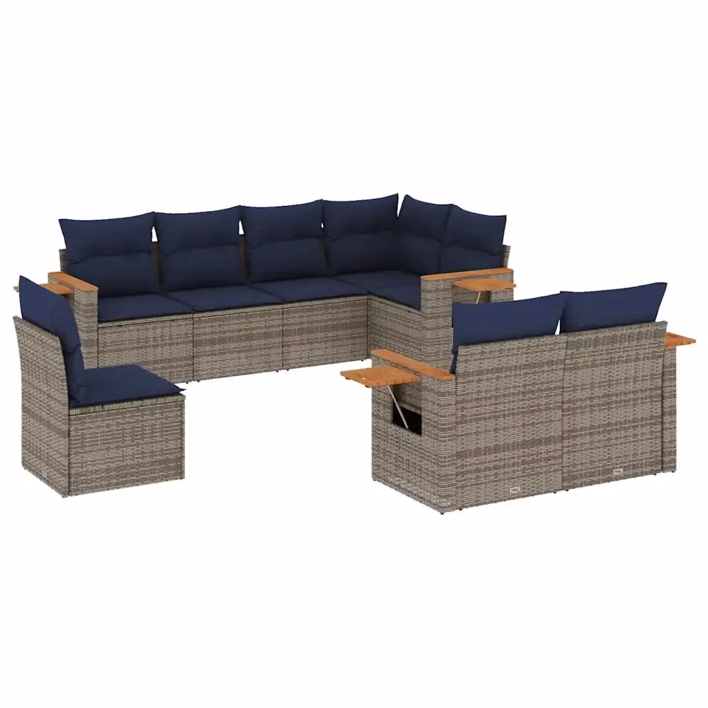 vidaXL Set Divani da Giardino 8 pz a Forma a L in Polyrattan con Cuscini Grigio e Blu e Tavolino da Esterno – 2