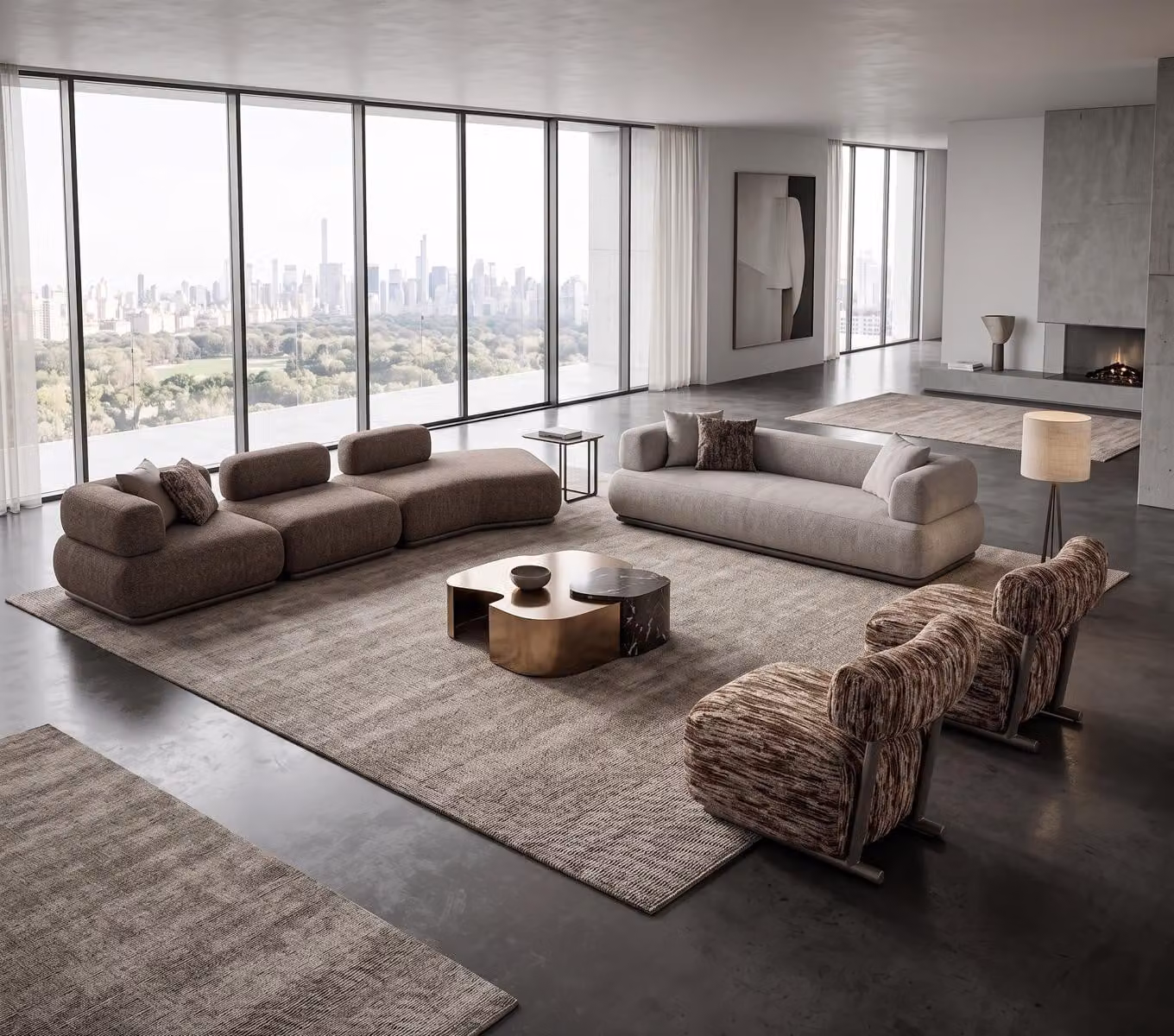 Divano modulare moderno beige, modello ad angolo, con due poltrone, rivestito in tessuto