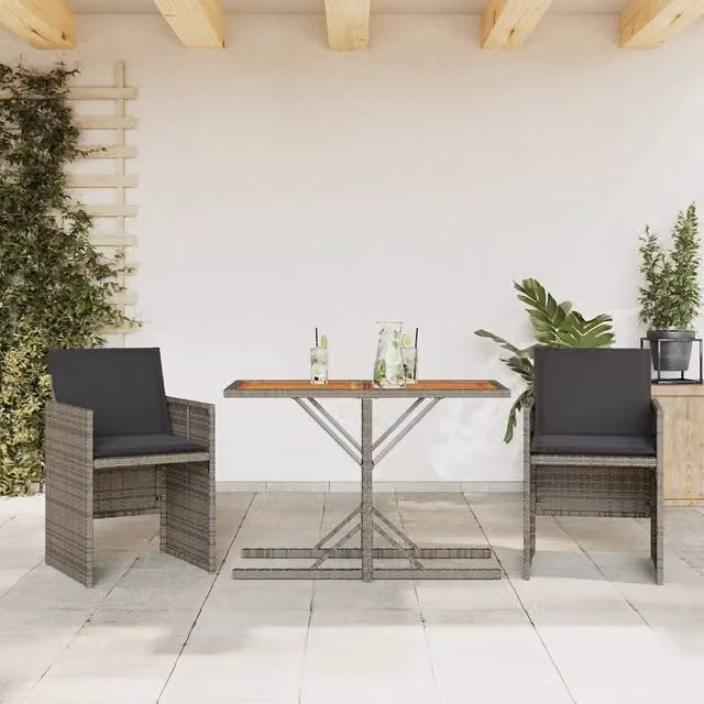 Set da Bistrò vidaXL in Polyrattan e Legno di Acacia con Cuscini Grigio, 3 Pezzi