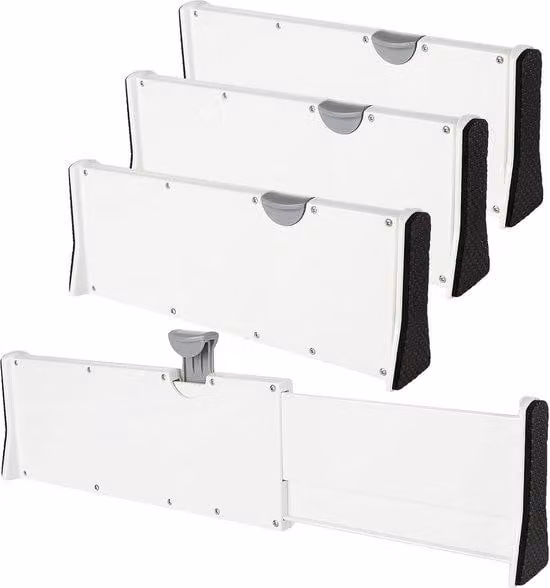 Set di divisori per cassetti Unyqoos® (4 pezzi), regolabili da 27,5 a 44 cm, altezza 10 cm, in plastica, colore bianco opaco – organizer estraibili per cucina, bagno, ufficio, camera da letto