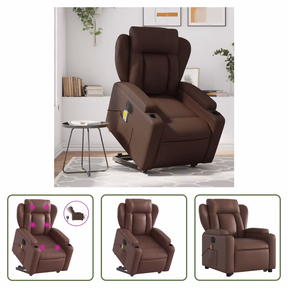 The Living Store Sedia massaggiante con supporto in piedi elettrica in ecopelle marrone