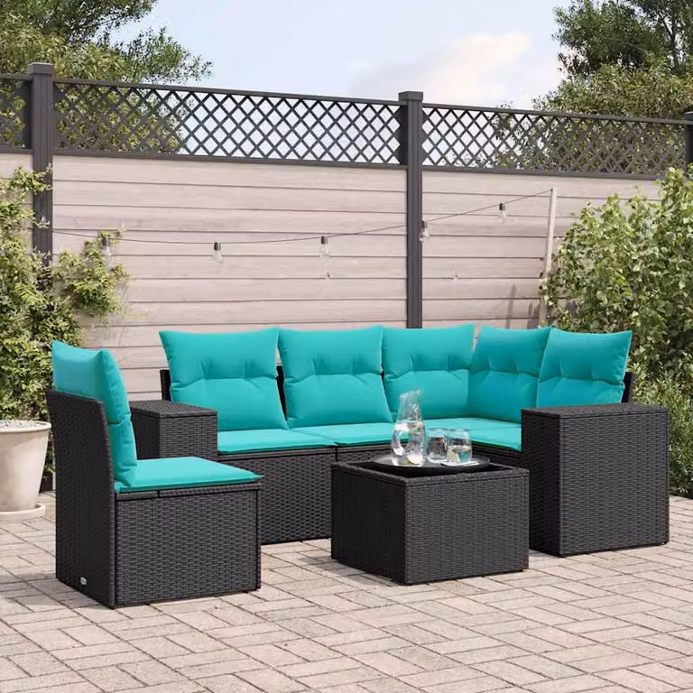 Set di divani da giardino vidaXL in polyrattan nero con cuscini e tavolino da esterno a forma di L