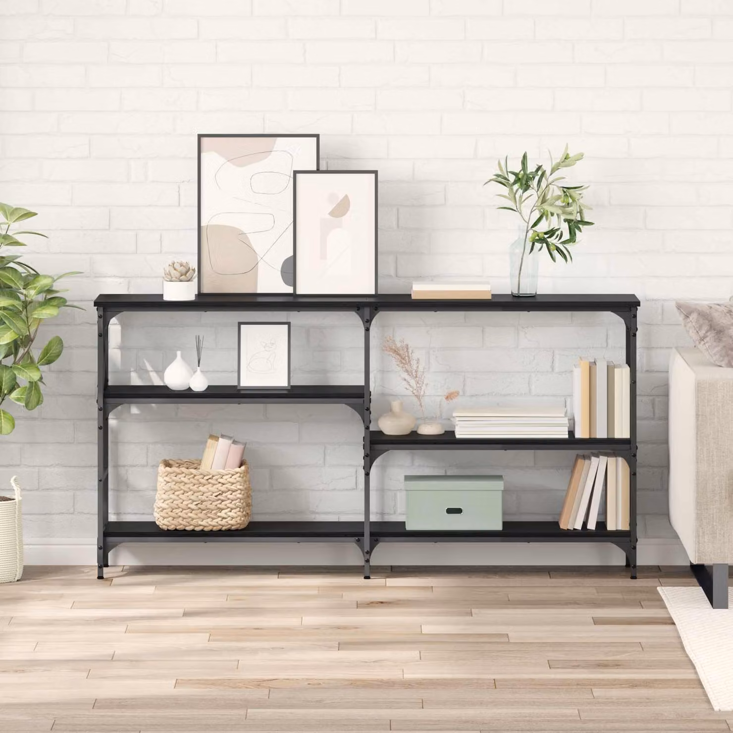 vidaXL Tavolo consolle in stile industriale nero e rovere L: 150 cm, P: 29 cm, H: 76,5 cm