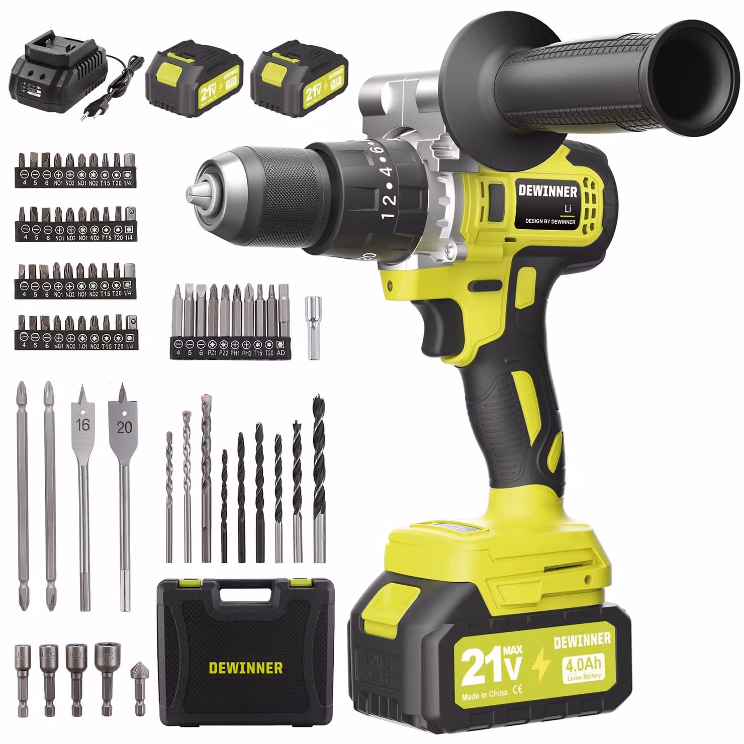 Trapano avvitatore a batteria, 21 V, con 2 batterie, 4,0 Ah, coppia massima di 130 Nm, motore brushless