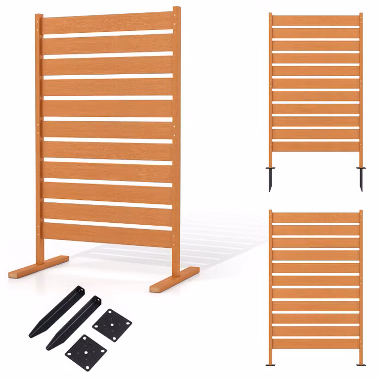 COSTWAY, recinzione da giardino resistente alle intemperie, 93x154,5 cm, pannello divisorio in legno effetto legno con supporti in HIPS e metallo, paravento divisorio freestanding, colore marrone, per uso esterno