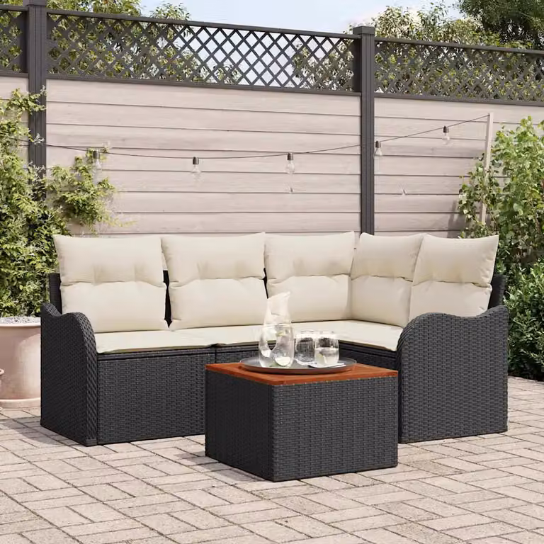 Set Divano da Giardino vidaXL 5 Pezzi a Forma di L con Tavolino, Colore Nero e Beige, Struttura in Acciaio e Polyrattan con Cuscini Inclusi