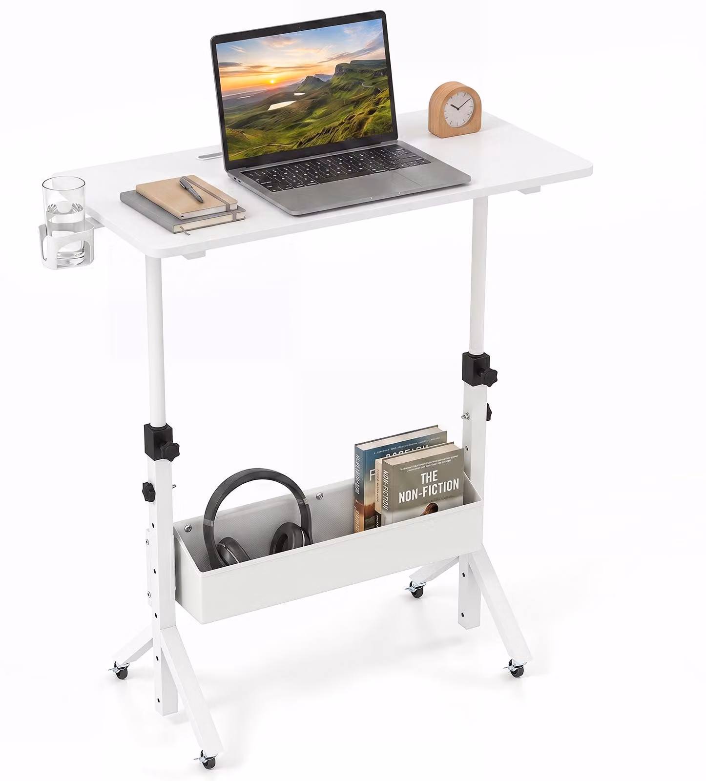 COSTWAY, scrivania regolabile in altezza da 70 a 117 cm, scrivania mobile su ruote con cesto in tessuto, fessura per tablet e portabicchieri girevole, scrivania per laptop da utilizzare in piedi o seduti