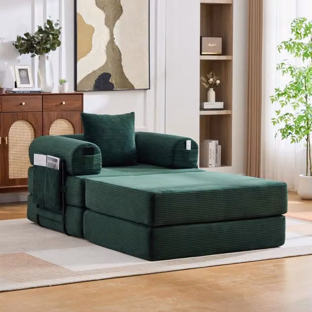 Divano modulare a L in velluto a coste verde WISHDOR con pouf e cuscini inclusi, L/P/H: 190 x 167 x 67 cm