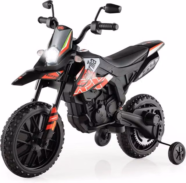 Moto Cavalcabile Elettrica Aprilia Costway 12V per Bambini con Ruote Ausiliarie, Musica Wireless e Sospensioni a Molla, Colore Rosso