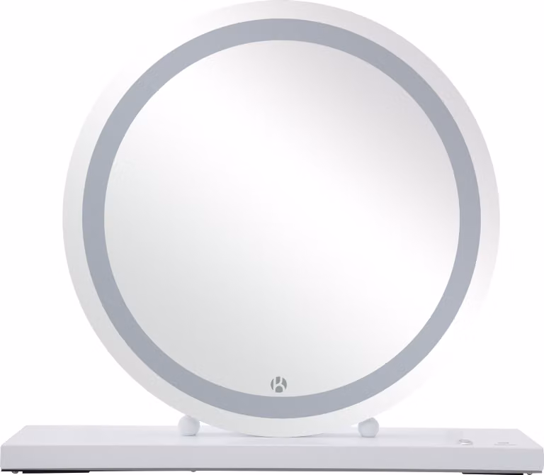 Specchio da trucco Padiro, dimensioni 60 x 53 x 10 cm, colore bianco, realizzato in ferro, vetro e MDF, con illuminazione a LED