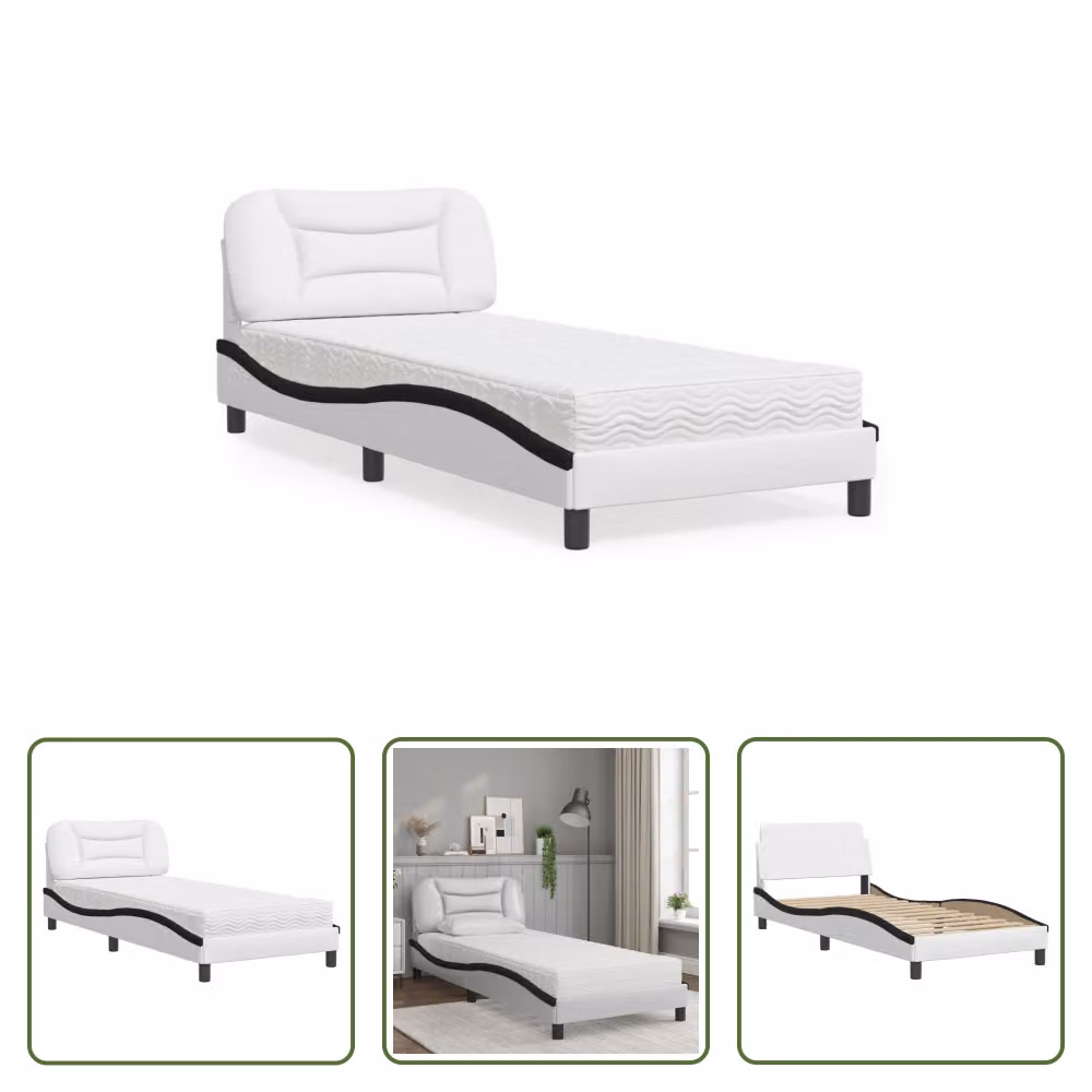 The Living Store Letto con materasso bianco e nero 80x200 cm in ecopelle