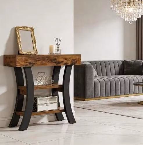 Consolle ULEVR 105x30x80 cm con 3 ripiani aperti, struttura in MDF e metallo, nero e marrone rustico