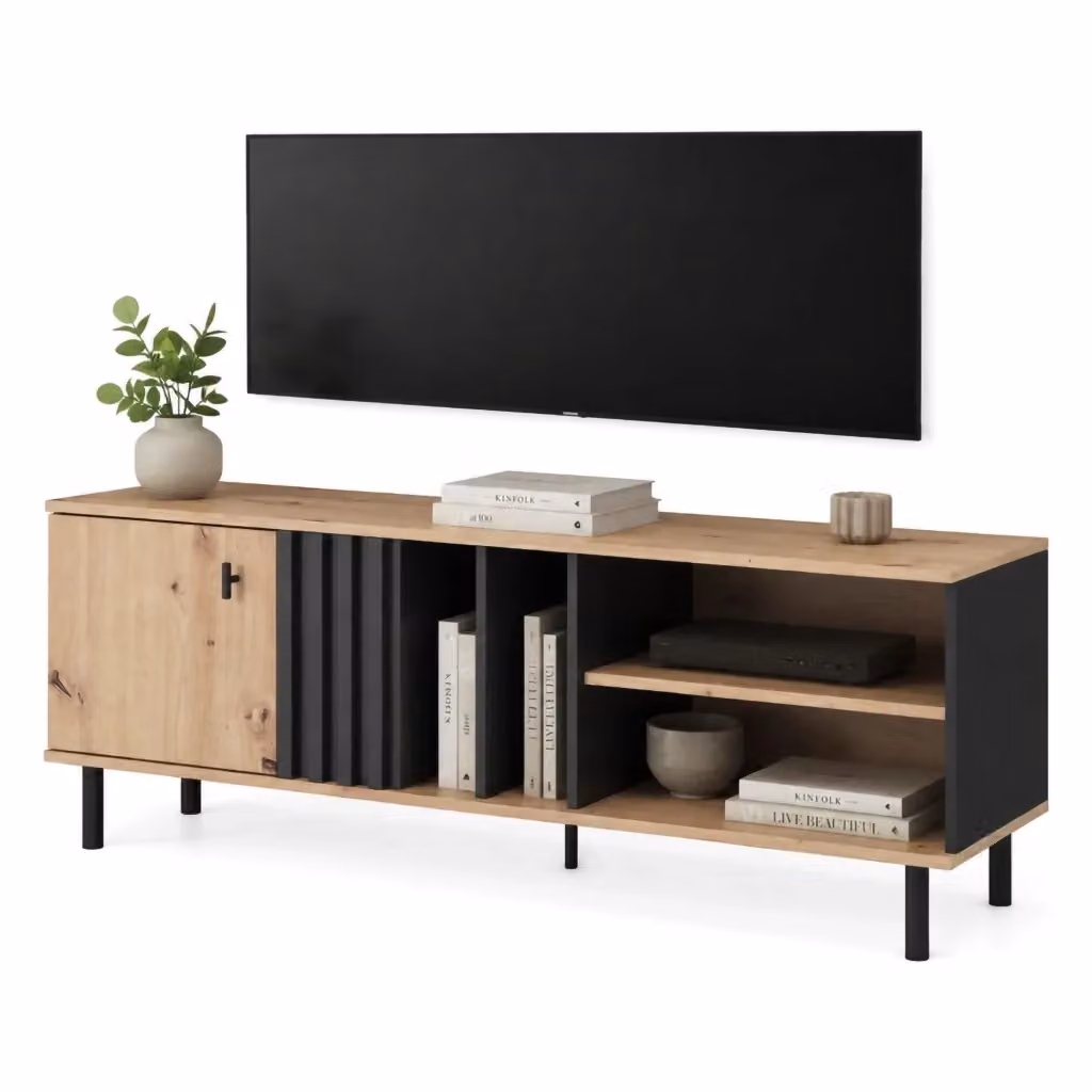 Mobile porta TV Kali DMORA con 2 ripiani in legno marrone rovere nodi L 138 cm x P 40 cm x H 49 cm – 2