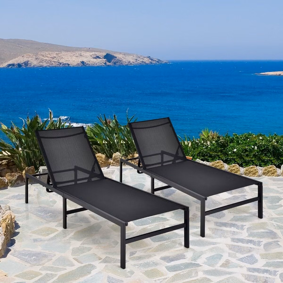 Set di 2 sedie a sdraio regolabili Costway in metallo e tessuto textilene nero per piscina, spiaggia e giardino