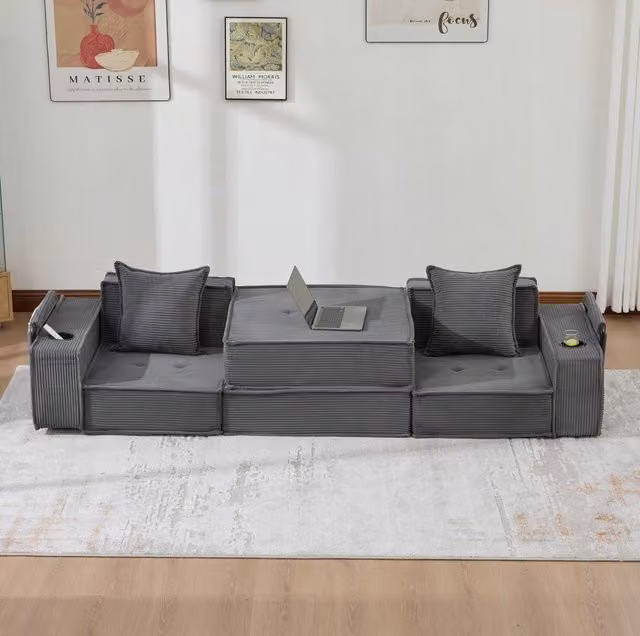 Divano 2 posti ULEVR 162x78x66 cm in velluto a coste grigio scuro con 2 cuscini e tasche laterali