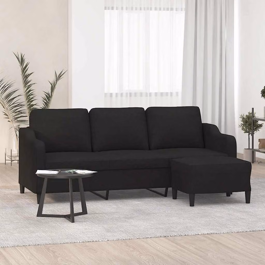 vidaXL Divano a 3 Posti Moderno con Poggiapiedi Nero in Tessuto L: 198 cm, P: 80 cm, H: 77 cm – 1