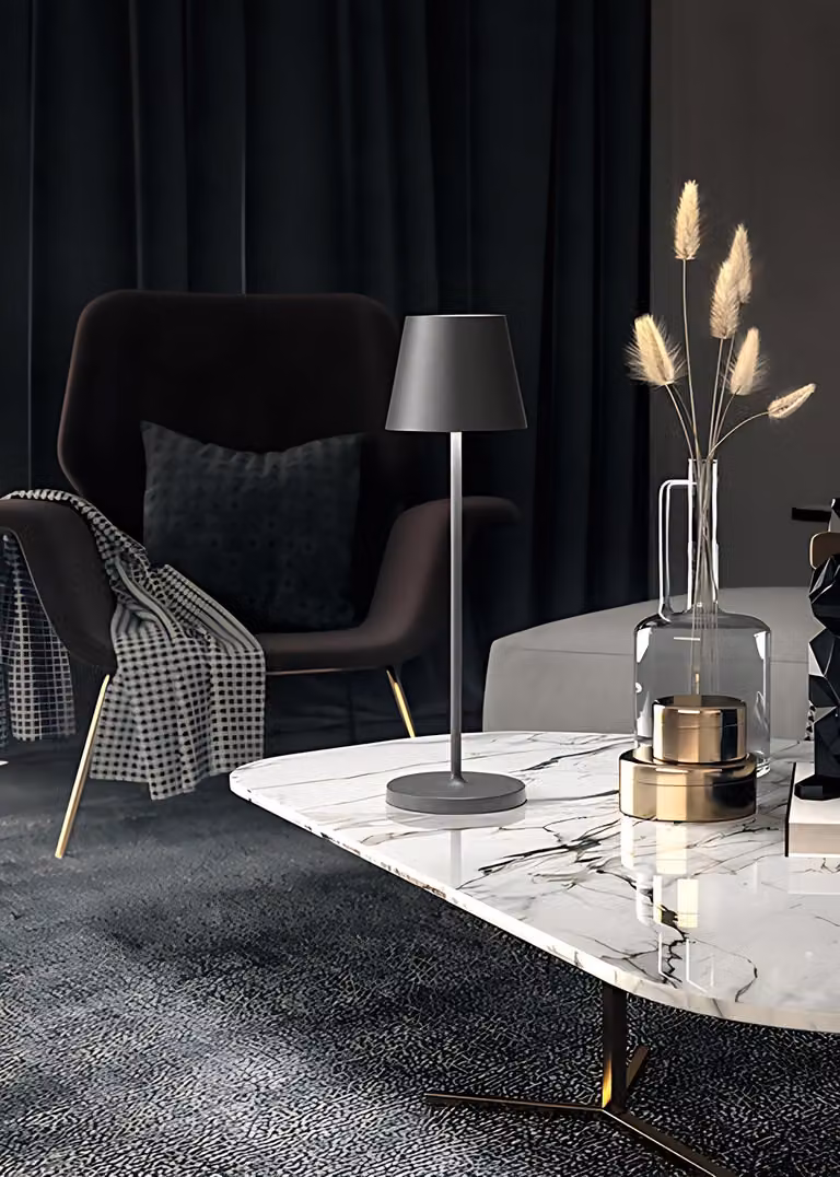 Lampada da Tavolo a LED 2W 3000K Ricaricabile IP54 Serie 8124 Colore Grigio Scuro, Design Moderno in Metallo Dimmerabile Touch - Perenz
