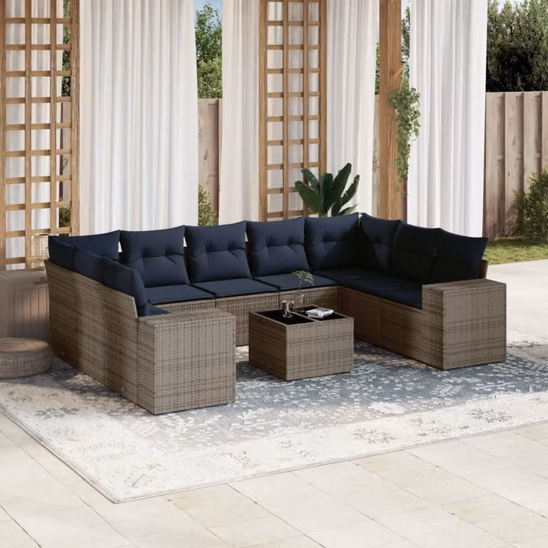 Set di divani da giardino vidaXL 10 pezzi in polyrattan con cuscini grigi e blu e tavolino da esterno con struttura in acciaio verniciato a polvere