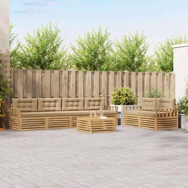 Set di divani da esterno a L con tavolino vidaXL in legno di acacia, colore bianco e beige, composto da 7 pezzi con cuscini inclusi – 1