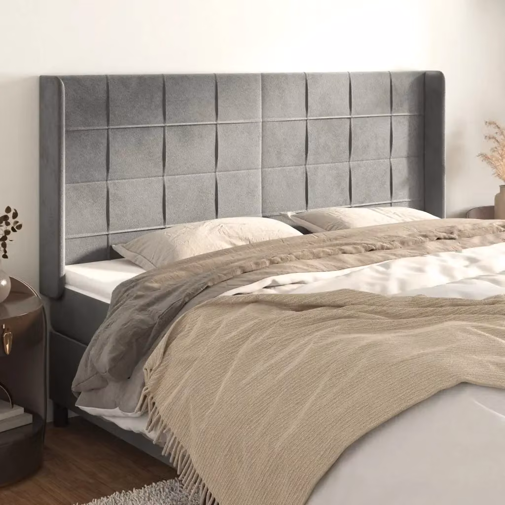 Testata del letto ad orecchio in velluto grigio chiaro con struttura in legno e MDF, L: 203 cm, P: 16 cm, H: 118/128 cm – 2