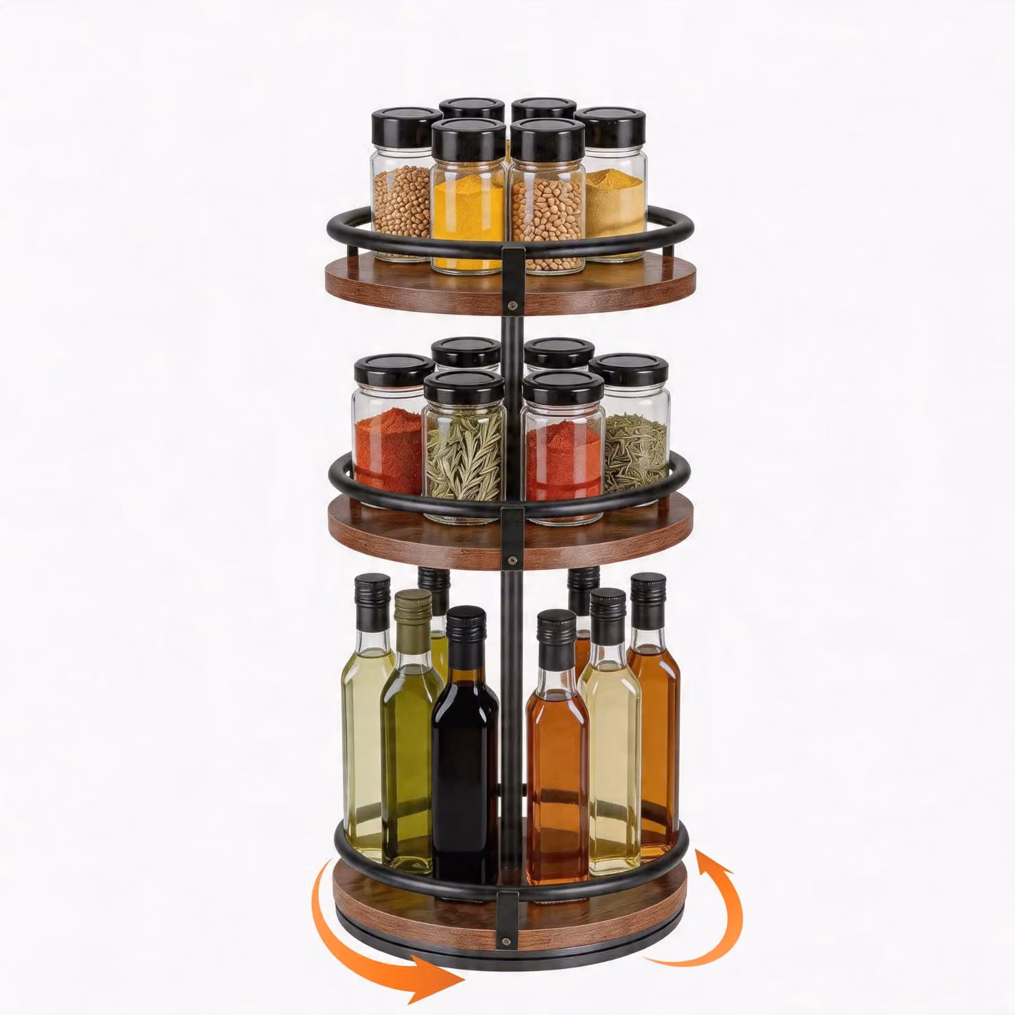 Scaffale a 3 livelli per erbe aromatiche, in legno effetto rustico marrone e nero, girevole, salvaspazio, ideale per la cucina