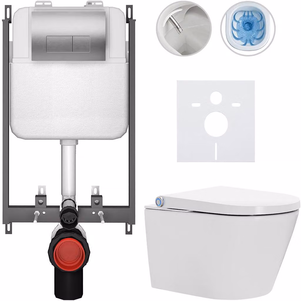 WC sospeso con bidet Cronus Standard - bianco lucido - pulsante Prime/Modulo, argento - da incasso - 59,3x38,4 cm
