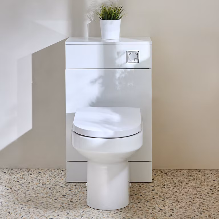 Mobile WC da 500 con Sanitario Covelly - Bianco - Pulsante di Scarico Cromato - Cluo