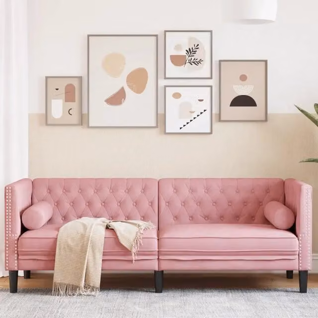 Divano Chesterfield vidaXL in Velluto Rosa con Cuscini, L: 194 cm, P: 74,5 cm, H: 70,5 cm