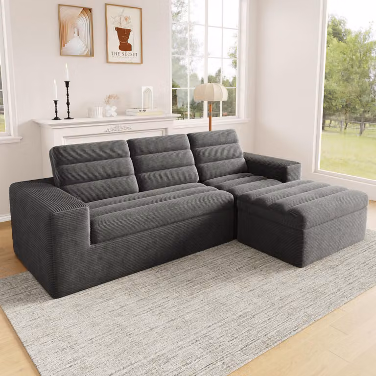 Divano ad L MODFU, set da salotto con divano a tre posti e pouf, divano modulare senza telaio, tessuto cord, grigio scuro